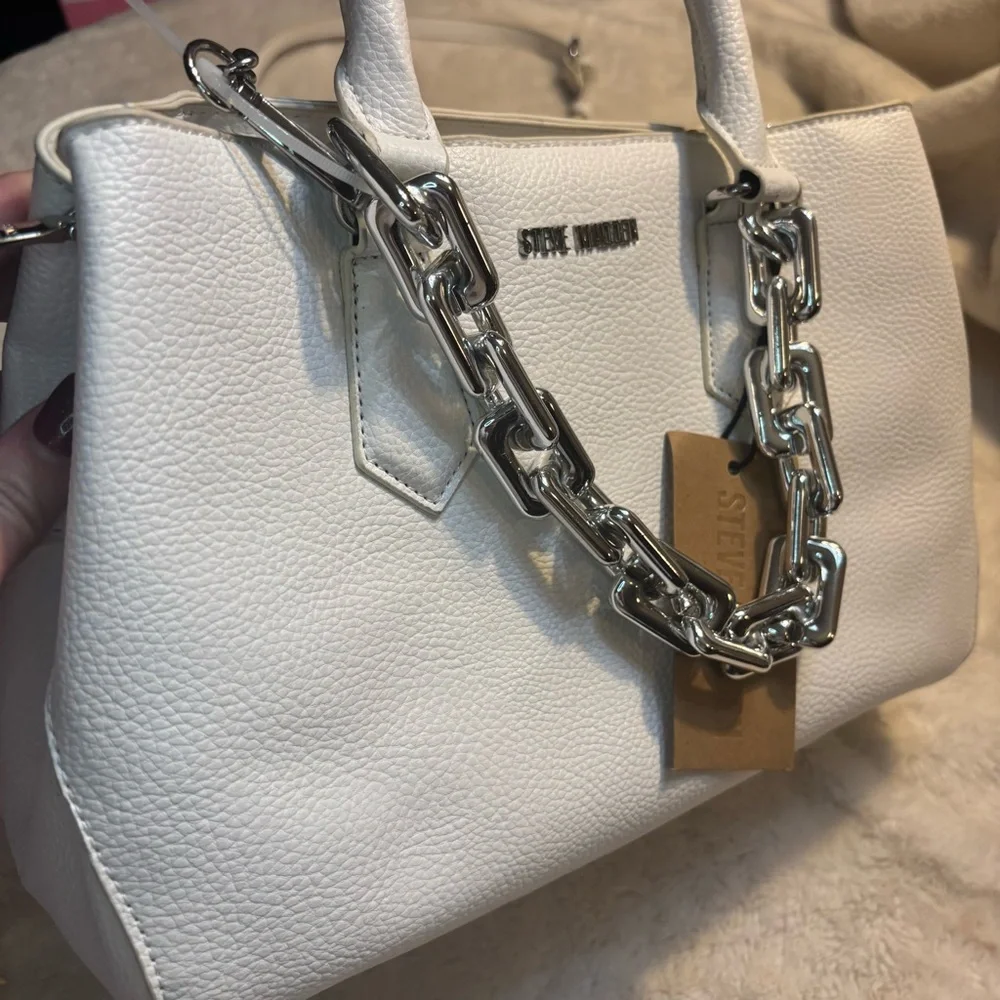 NWT Steve Madden Ivory Satchel/ Crossbody with Silver Chains Vegan Leather New